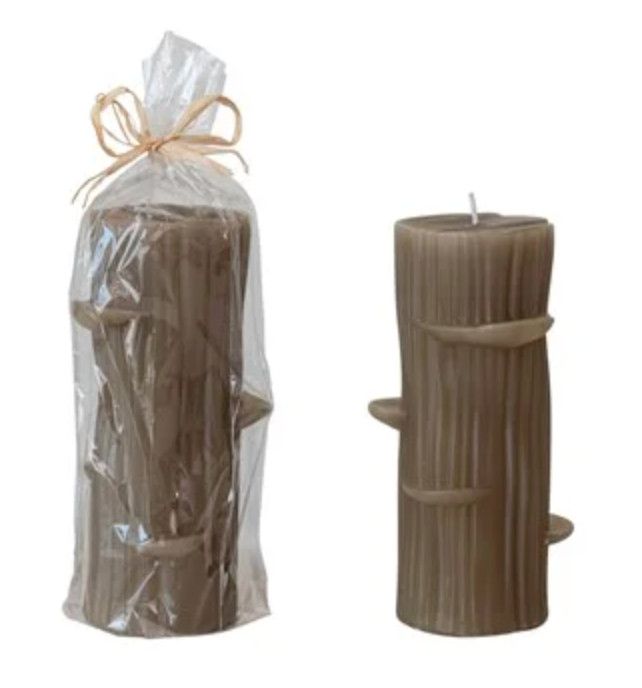 Unscented Log Shaped Candle w/ Mushrooms, Olive Color