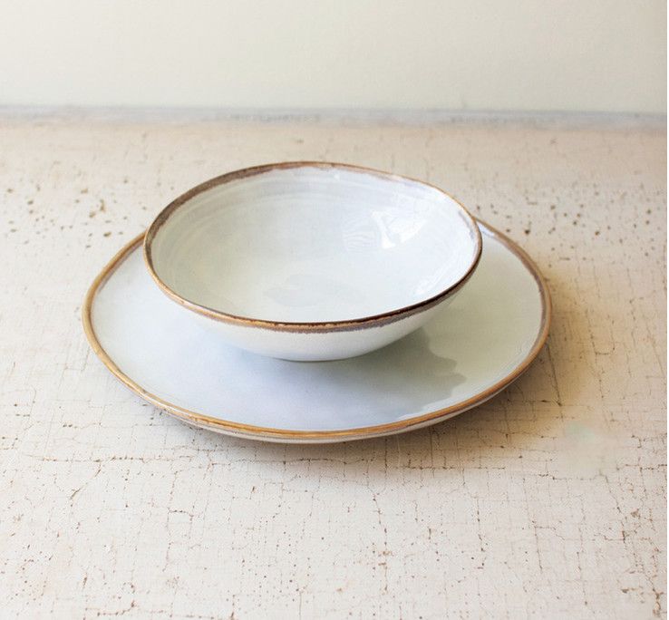 White Ceramic Bowl W/ Brown Trim