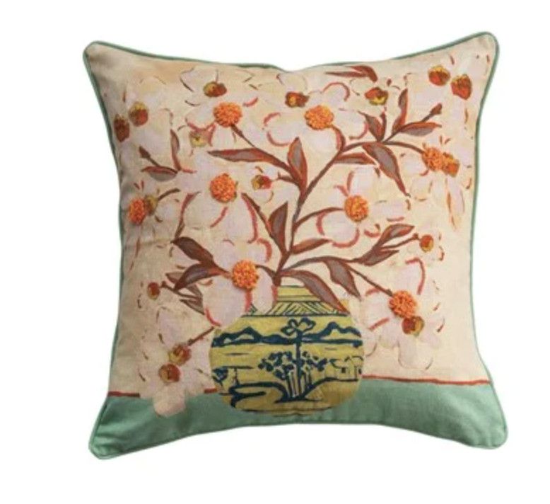 18" Square Cotton Blend Printed Pillow w/ Flowers in Vase ©