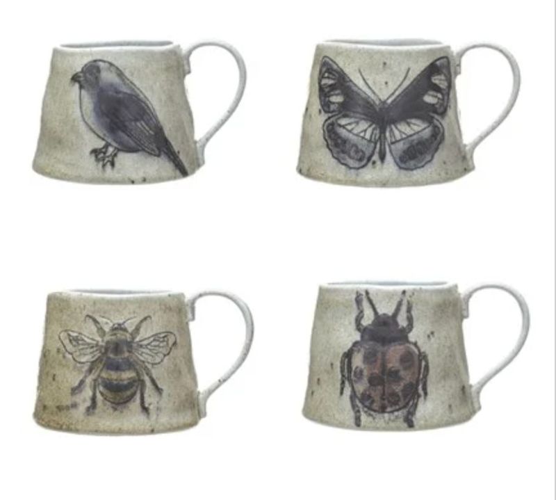 18 oz. Stoneware Mug w/ Insect/Bird, 4 Styles (Each One Will Vary)