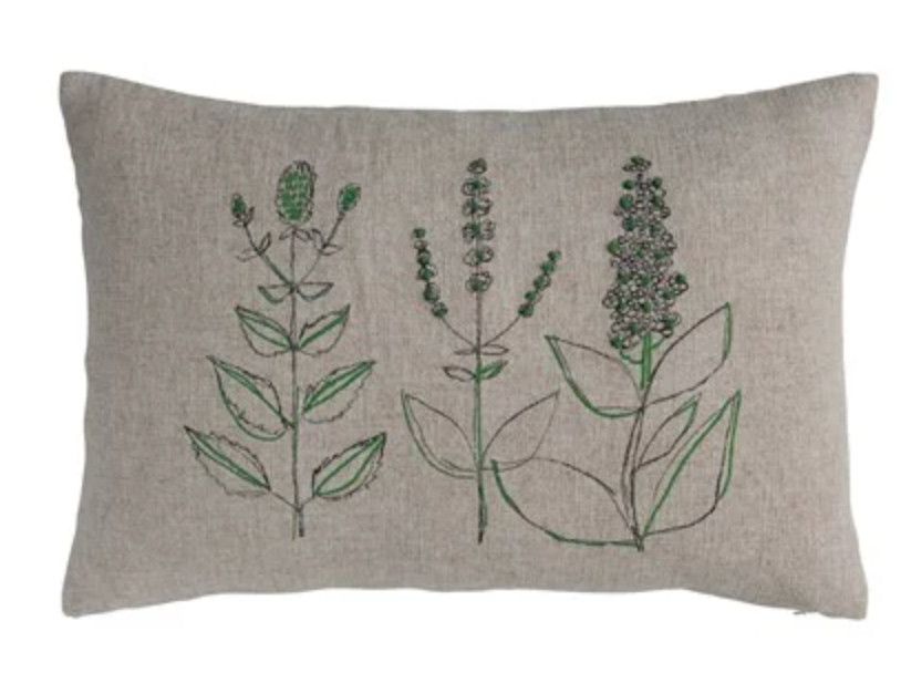 Hand-Embroidered Linen Blend Printed Lumbar Pillow