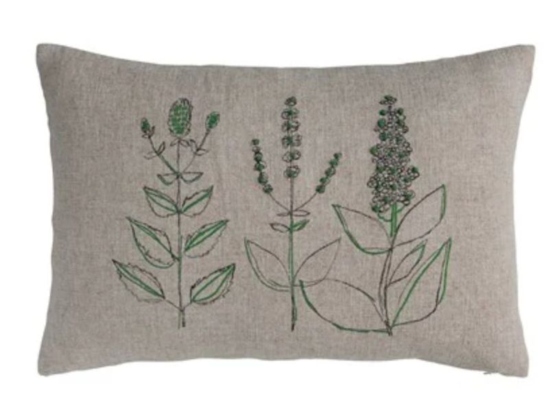 Hand-Embroidered Linen Blend Printed Lumbar Pillow