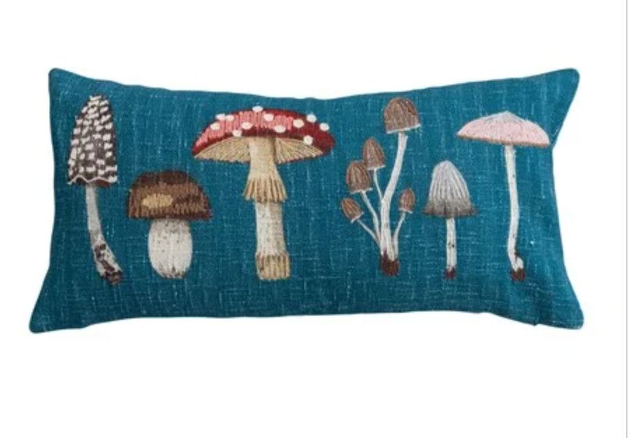 Cotton Printed Lumbar Pillow with Mushrooms &amp; Embroidery