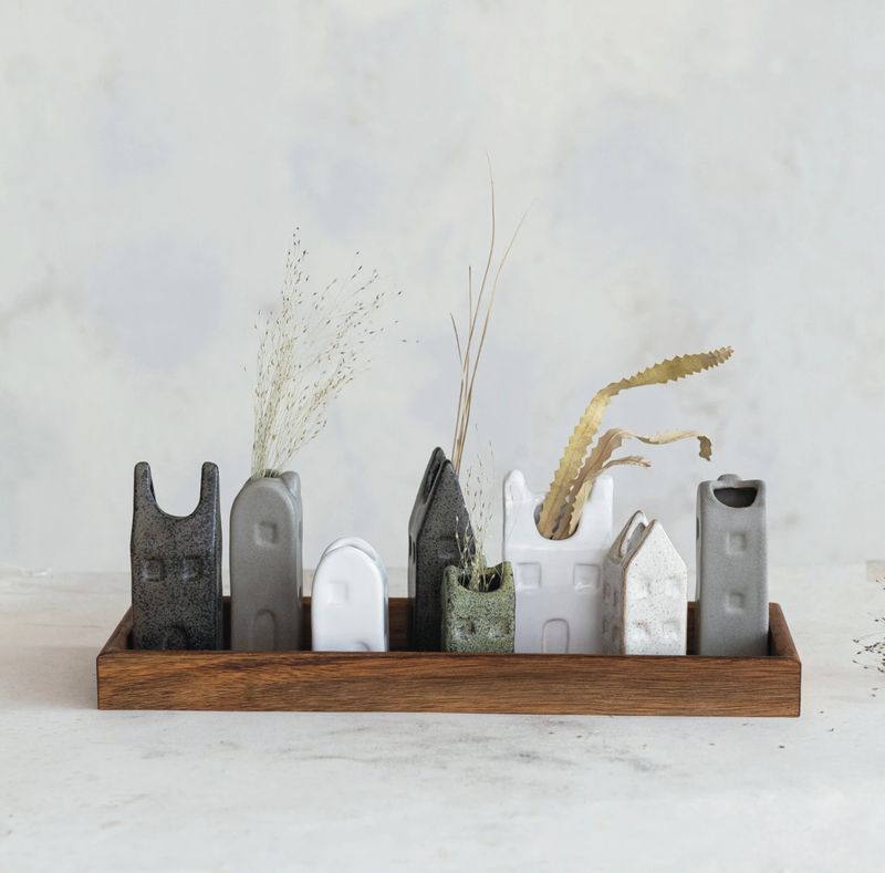 Wood Tray with House Shaped Vases