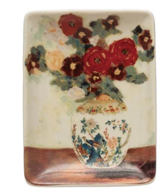 Stoneware Dish w/ Flowers in Vase, Style: White Vase Red Flowers