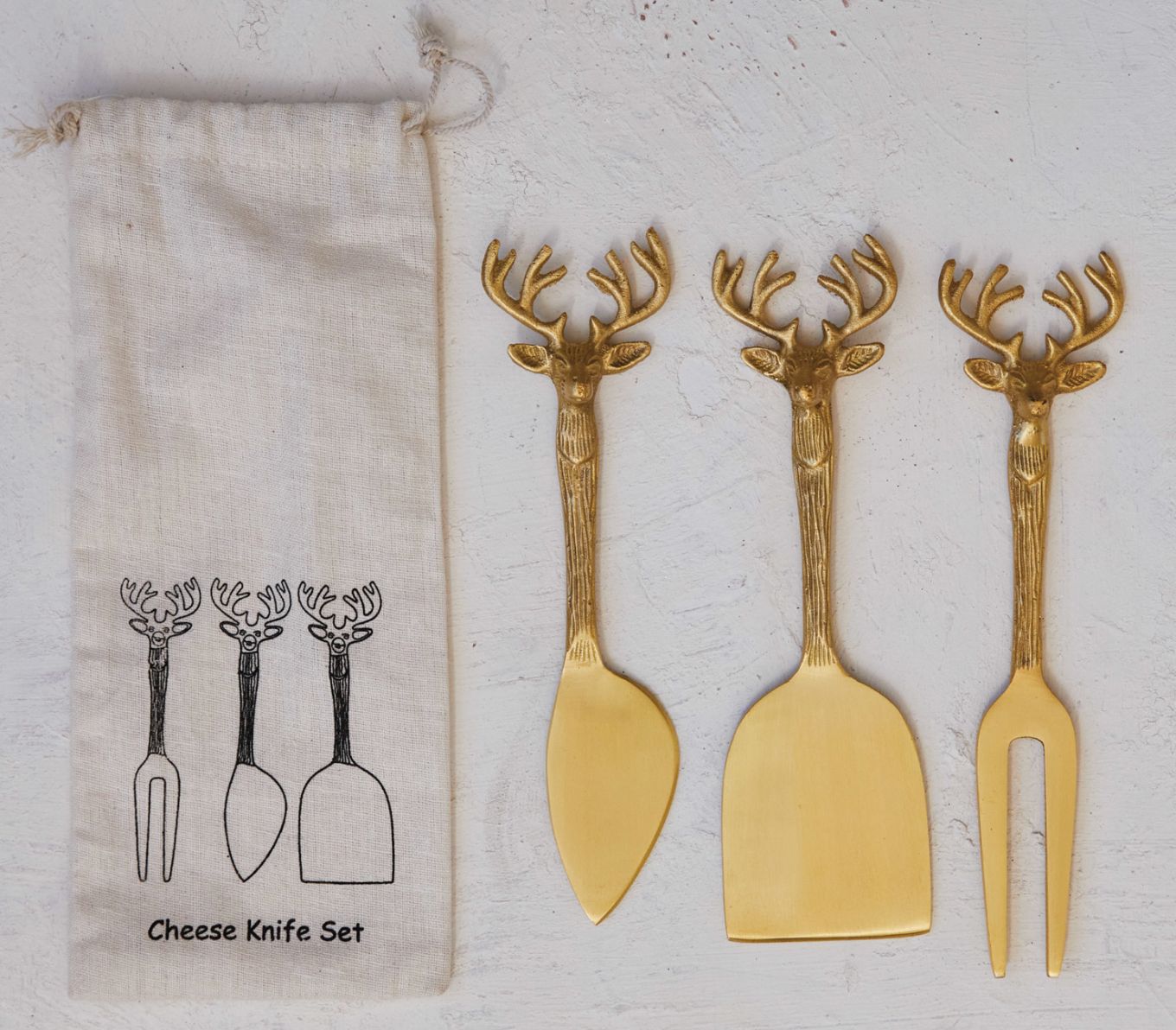 Brass Cheese Knives w/ Reindeer Handles, Set of 3 in Printed Drawstring Bag