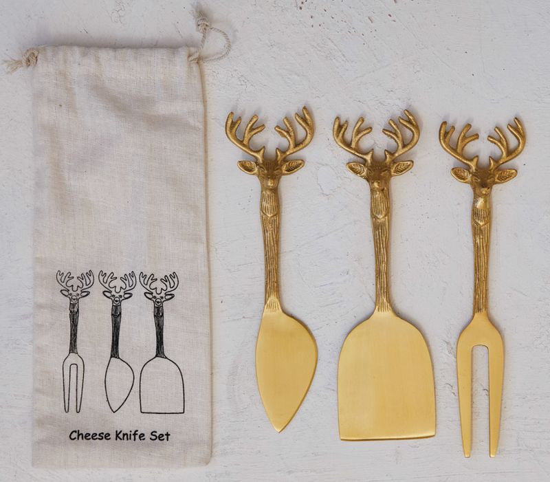 Brass Cheese Knives w/ Reindeer Handles, Set of 3 in Printed Drawstring Bag