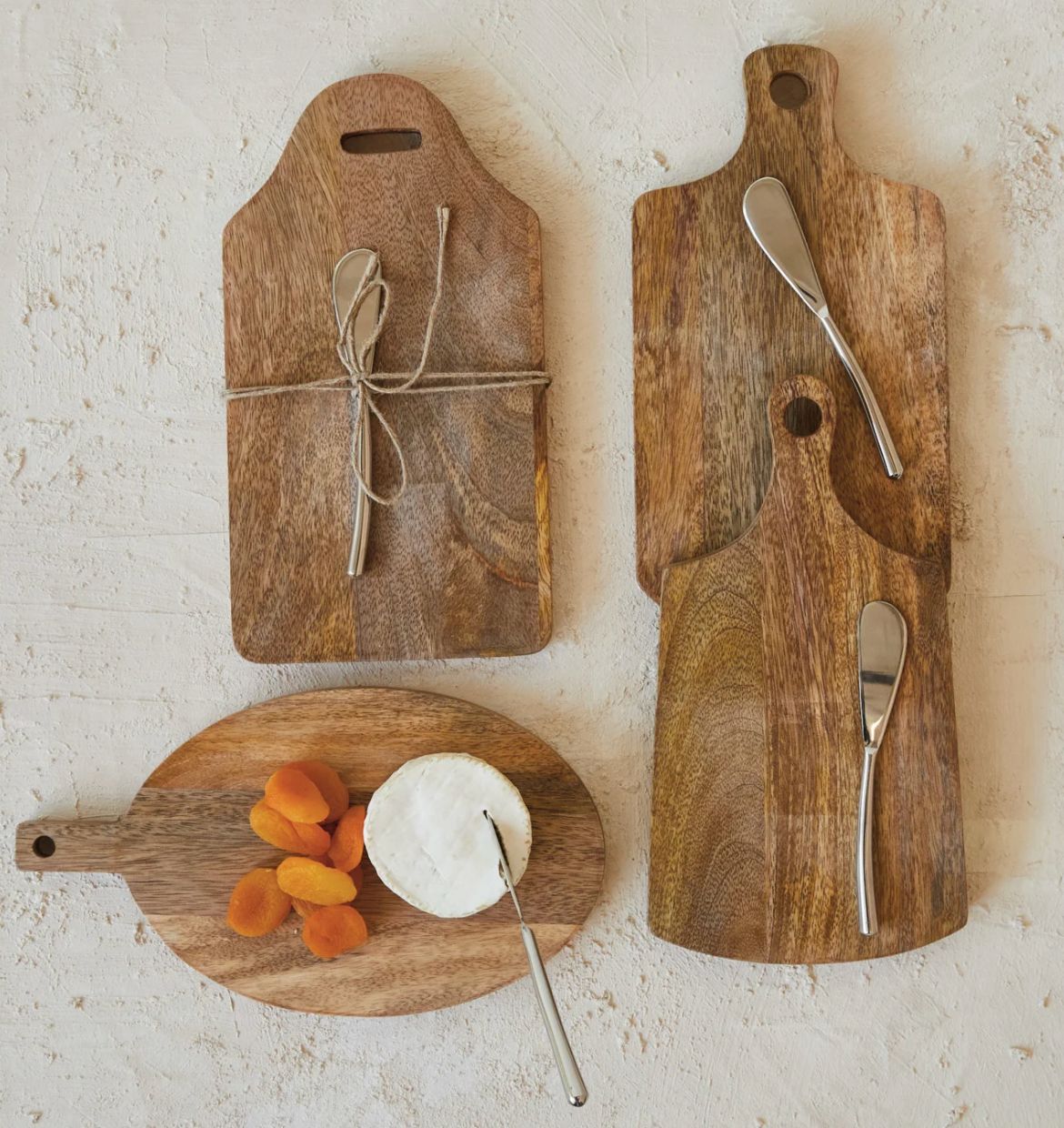 Mango Wood Cheese/Cutting Board w/ Handle &amp; Canape Knife, 4 Styles