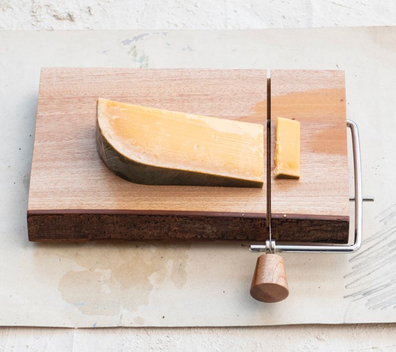 Mahogany Wood &amp; Stainless Steel Cheese Slicer w/ Bark Edge