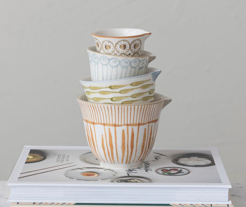 Hand-Painted Stoneware Measuring Cups w/ Patterns, Multi Color, Set of 4