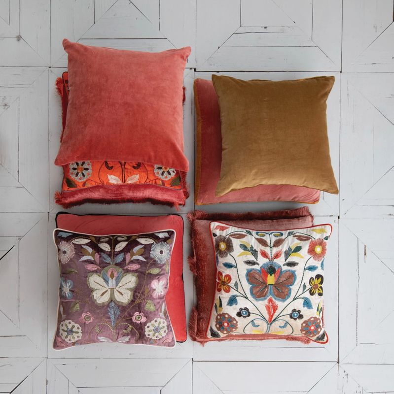 Velvet Pillow w/ Embroidered Botanical Pattern