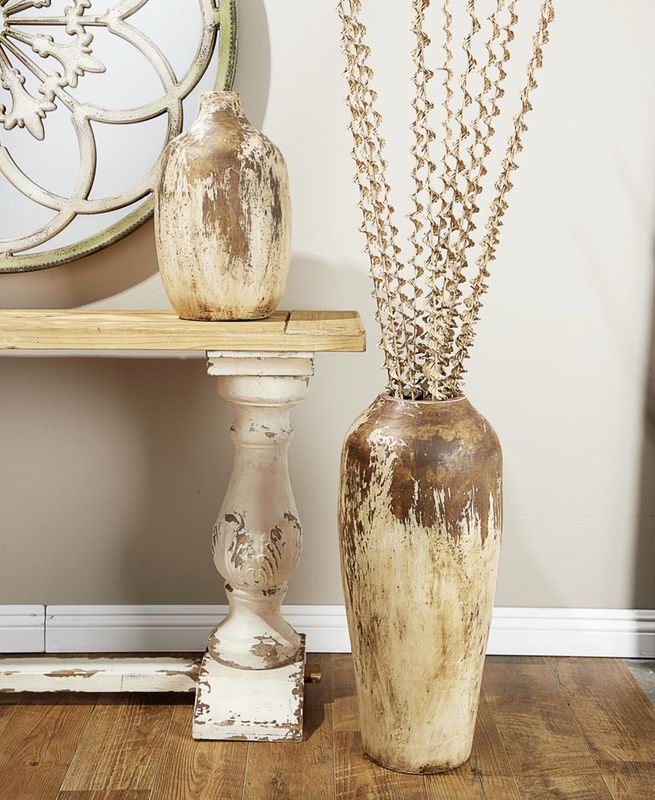 Beige Ceramic Handmade Distressed Vase, 11" x 11" x 26"