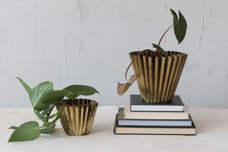 Fluted Metal Planter, Brass Finish