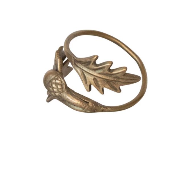 Brass Leaves &amp; Acorn Napkin Ring, Antique Finish" Round x 2-1/4"H