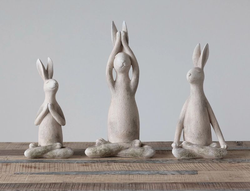 Resin Yoga Rabbit, Antique White Finish