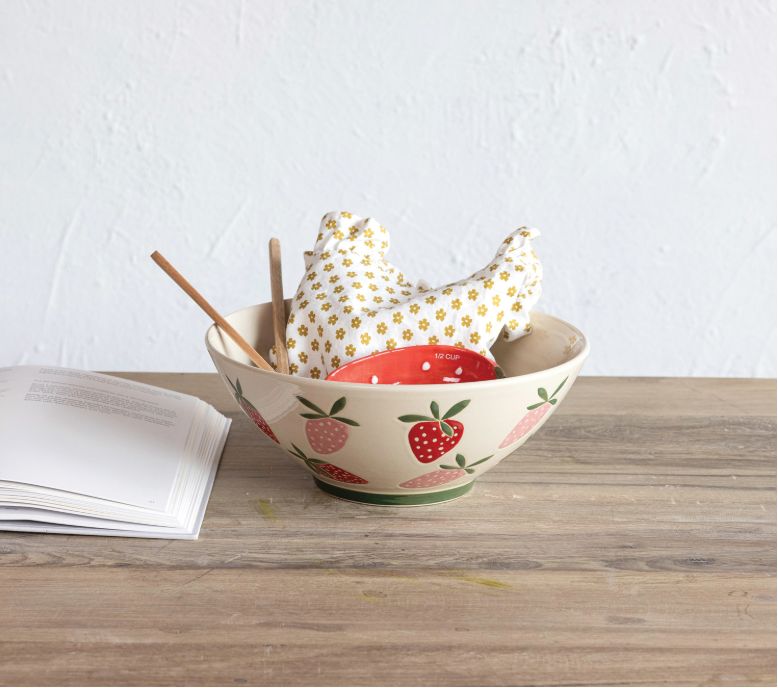 Hand-Painted  Stoneware Bowl w/ Wax Relief Strawberries ©