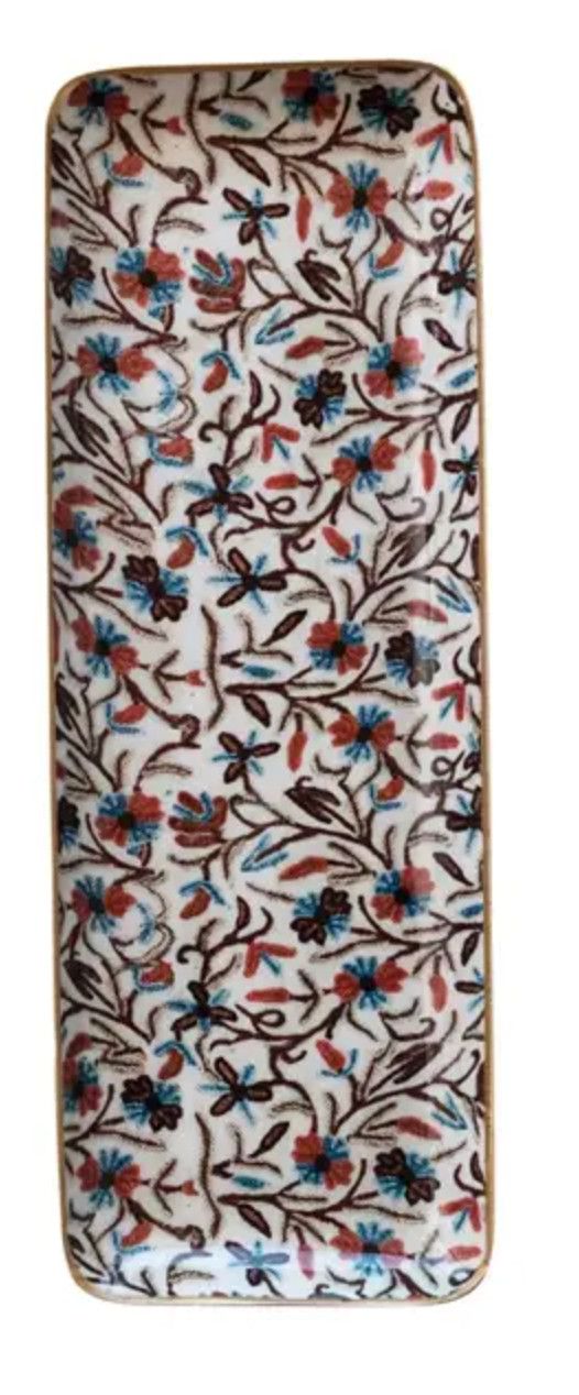 Iron Tray W/ Floral Pattern, Gold Trim