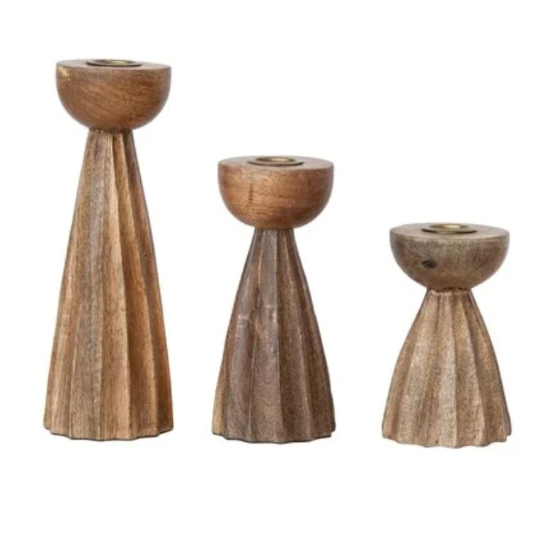 Carved Mango Wood Pleated Taper Holder, Size: Small