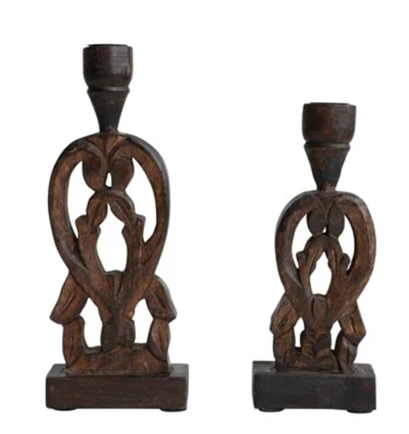 Hand-Carved Mango Wood Taper Holders, Walnut Finish, Size: Small