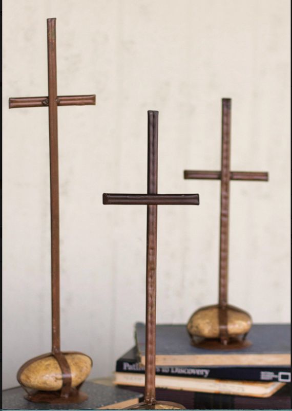 Scrap Metal Crosses with Caged Rock Base