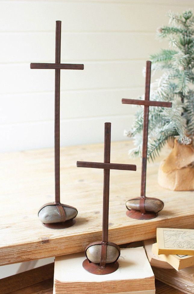 Scrap Metal Crosses with Caged Rock Base, Size: Small