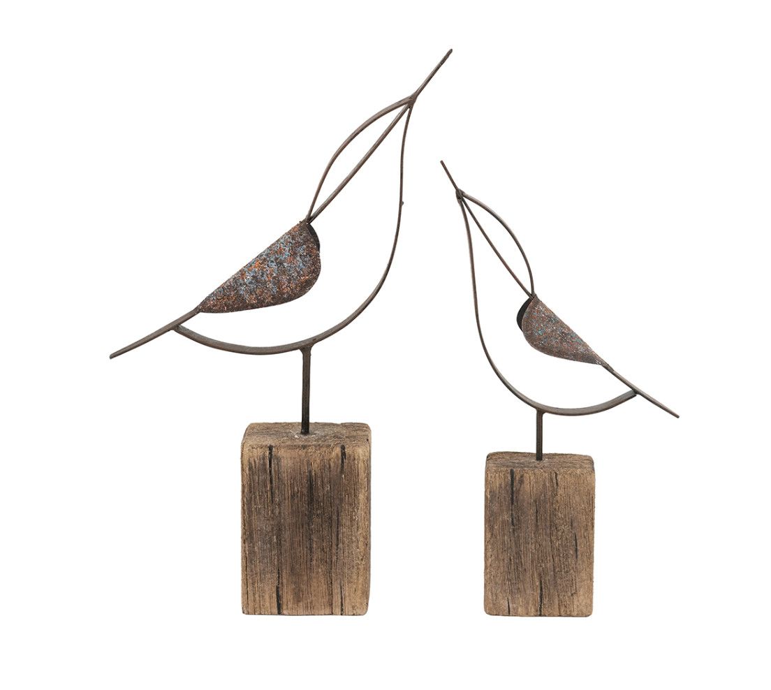 Abstract Black Iron Bird Sculpture with Brown Wooden Base, Size: Small 5.5x1.5x10.5"