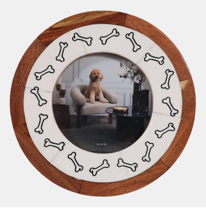 SH 4x4" Round Dog Bones Photo Frame, Ivory/natural