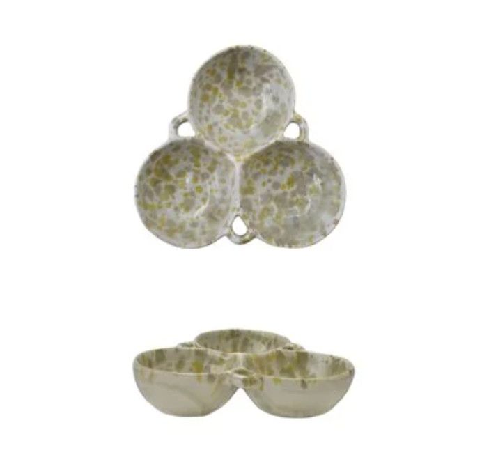 Stoneware Multi Bowl with 3 Sections, Cream Color &amp; Green