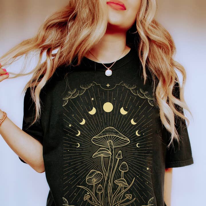 Celestial Moon Phases and Mushrooms Tee Shirt - Dark Grey, Attribute: Small