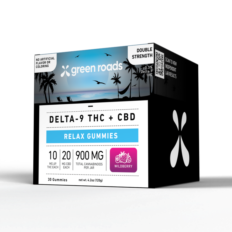 GREEN ROADS WORLD CBD + THC Relax Gummies – Double Strength - 30ct, Wildberry