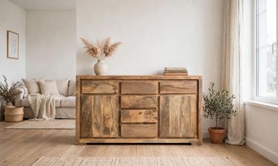 Komoda z Litego Drewna Mango 150cm - Nowoczesna 6 Szuflad, 2 Drzwi