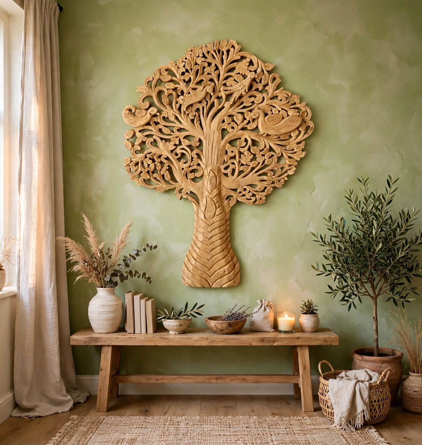 Ręcznie Rzeźbiony Drewniany Panel Drzewo Życia 132cm