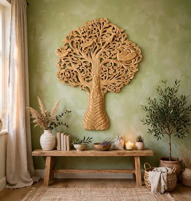 Ręcznie Rzeźbiony Drewniany Panel Drzewo Życia 132cm