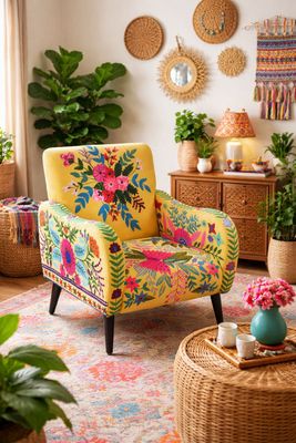 Żółty Fotel Tapicerowany w Kwiaty – Boho Fotel Uszak z Haftem Folk Żółty Fotel Tapicerowany w Kwiaty – Boho Fotel Uszak z Haftem Folk