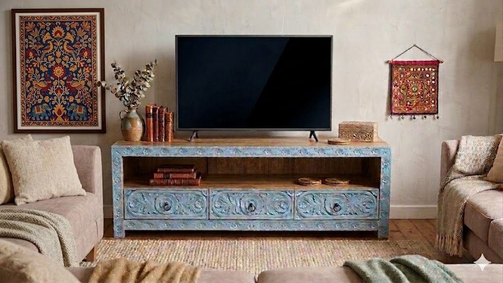 Komoda RTV Boho Blue Vintage z Rzeźbionego Drewna Mango