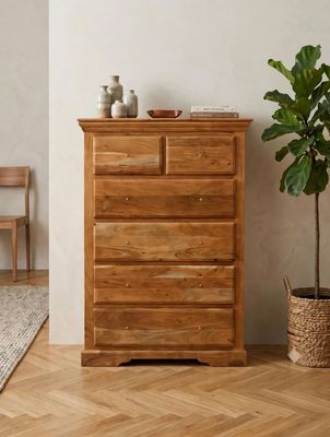 Komoda Drewniana Wysoka 6 Szuflad Lite Drewno Akacjowe