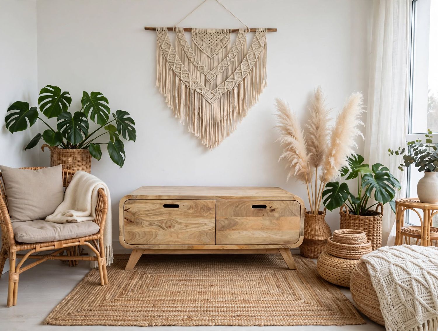 Stolik Kawowy Mango Curved 2 Szuflady Niski Stolik do Salonu Boho Loft