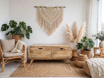 Stolik Kawowy Mango Curved 2 Szuflady Niski Stolik do Salonu Boho Loft