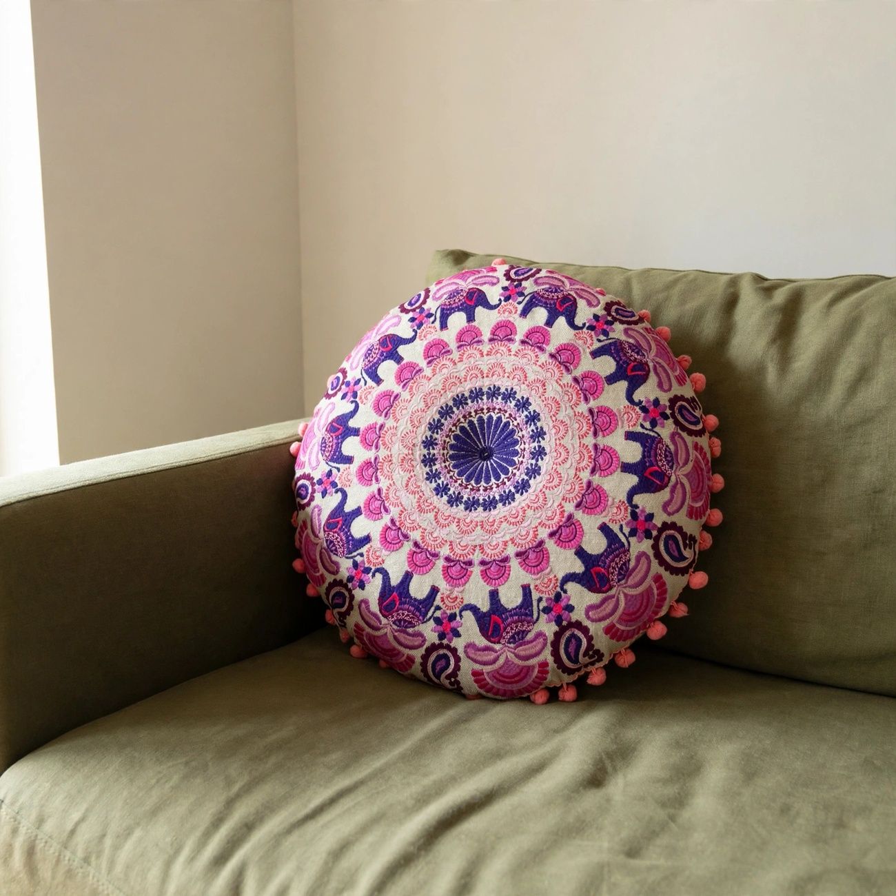 Indyjska Okrągła Poduszka Mandala Elephant 40cm
