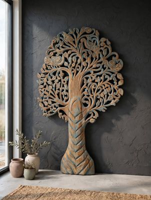 Ręcznie Rzeźbiony Drewniany Panel Drzewo Życia 200cm Niebieska Patyna