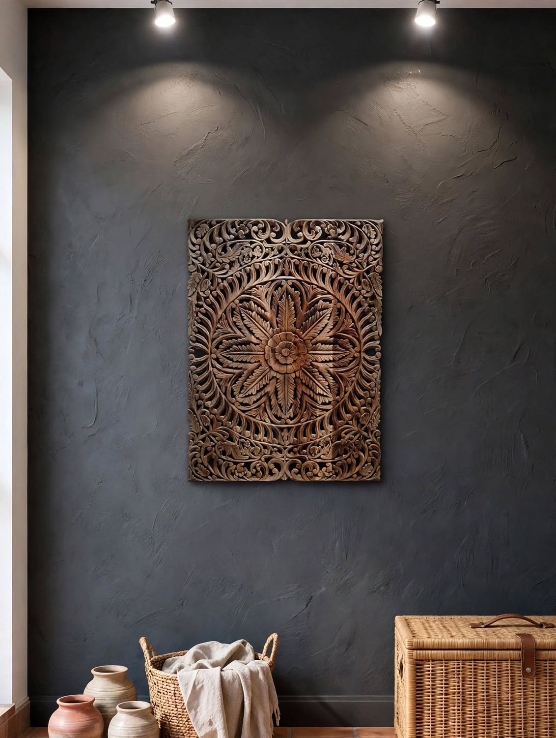 Ręcznie Rzeźbiony Panel Mandala Liść Natural