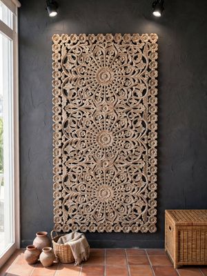 Ręcznie Rzeźbiony Panel Potrójna Mandala Kwiat 3D Natural