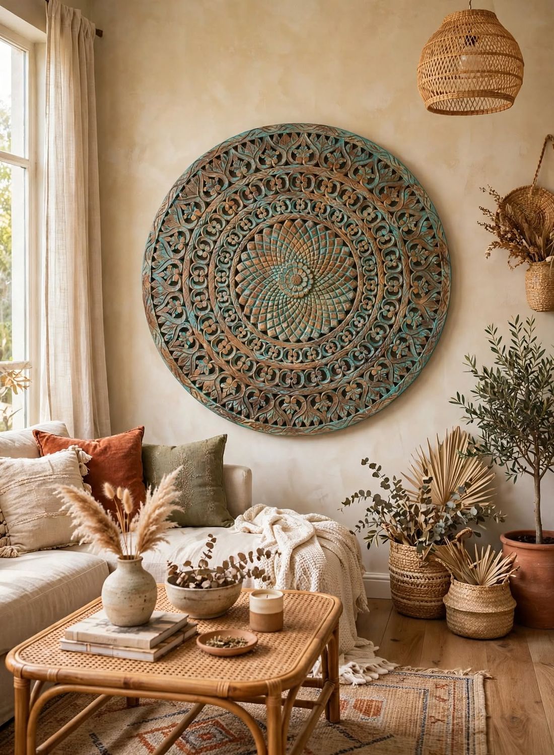 Ręcznie Rzeźbiony Okrągły Panel Mandala Turquoise -  Mandala Drewniana Okrągła - Boho Dekoracja Ścienna - Indyjskie Meble