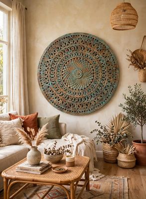 Ręcznie Rzeźbiony Okrągły Panel Mandala Turquoise -  Mandala Drewniana Okrągła - Boho Dekoracja Ścienna - Indyjskie Meble