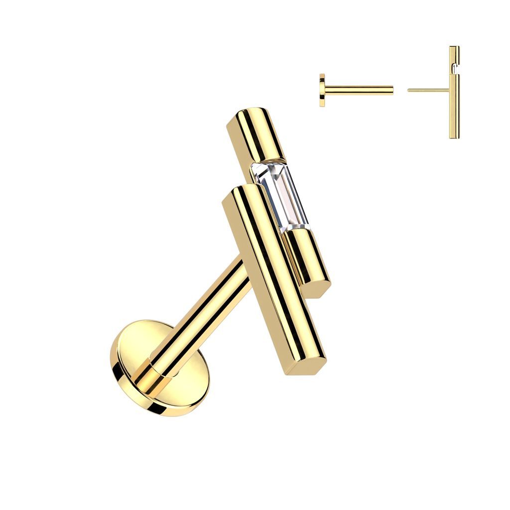 316L Surgical Steel Threadless Push In Labret Double Bar With Emerald CZ Top
