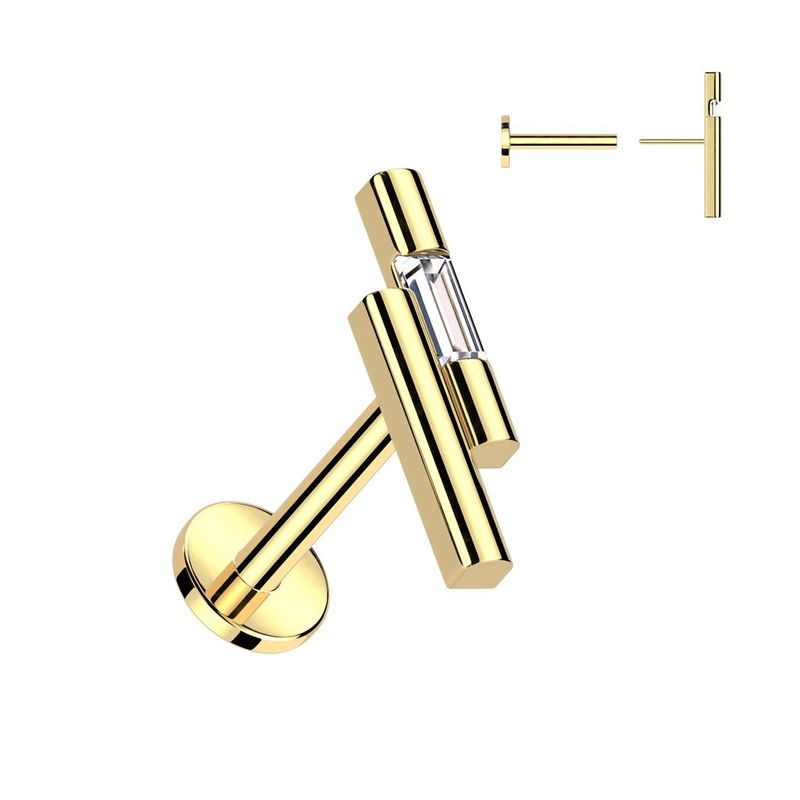 316L Surgical Steel Threadless Push In Labret Double Bar With Emerald CZ Top