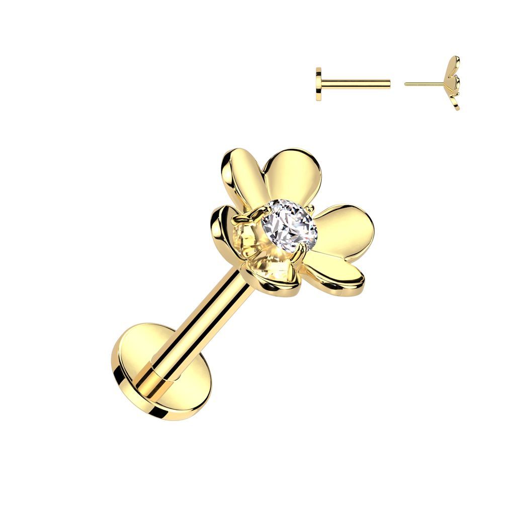 316L Surgical Steel Threadless Push In Labret With CZ Center Flower Top