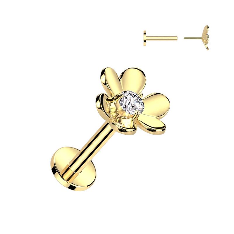 316L Surgical Steel Threadless Push In Labret With CZ Center Flower Top