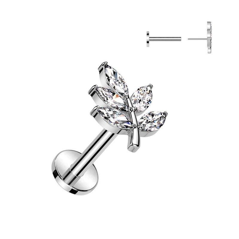 316L Surgical Steel Threadless Push In Labret With CZ Leaf Top