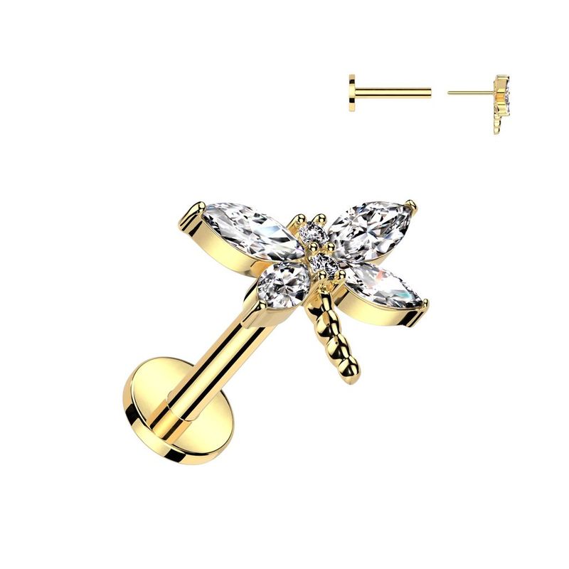 316L Surgical Steel Threadless Push In Labret With CZ Dragonfly Top